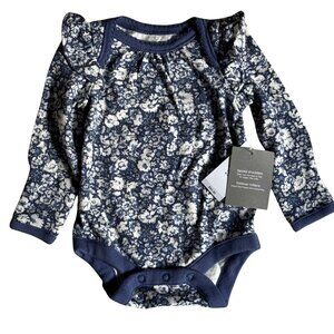 Baby Gap Long Sleeve Bodysuit Blue Floral with Ruffle Detail Size 0-7 lbs NEW